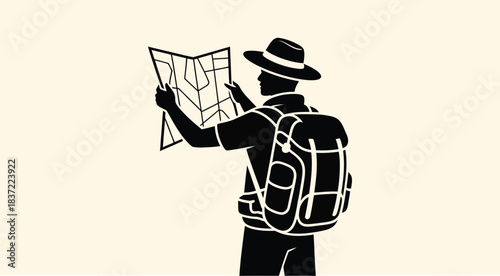 silhouette of a female traveler looking at a map, exploring destination options, planning a trip, showing adventure spirit, travel curiosity, and vector artwork suitable for tourism and lifestyle