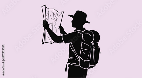 silhouette of a female traveler looking at a map, symbolizing navigation, vacation planning, exploration, world travel inspiration, and modern vector illustration ideal for travel branding.
