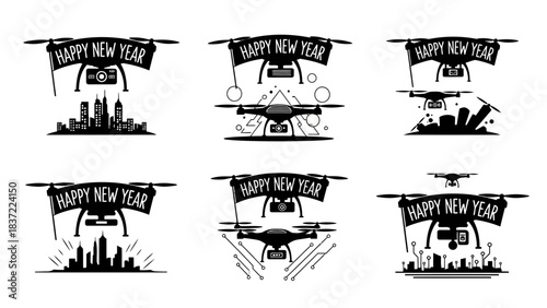 Drones carrying happy new year banners over city skyline set. collection of unmanned aerial vehicles flying above urban landscapes with festive messages. black and white vector