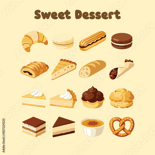 Pastry Cake and Sweet Dessert Vector Food Set