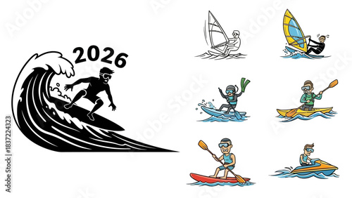 Water sports activities set with surfers, windsurfers, kayakers, and jet skiers enjoying the summer on white background for outdoor recreation