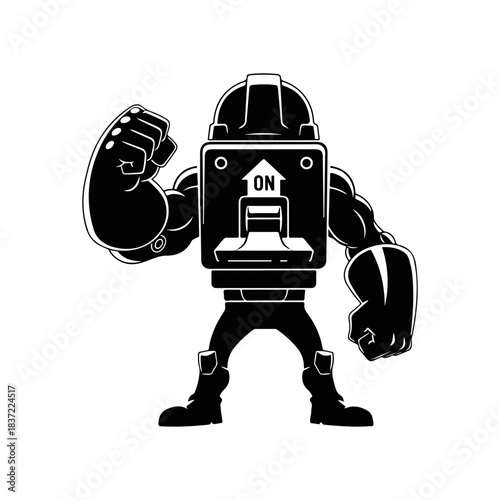 Cartoon circuit breaker character standing strong silhouette, vector art