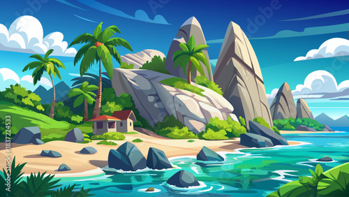 Scenic Seychelles island landscape with luxury resort vibes, featuring iconic granite stones, tropical greenery, clear blue ocean, and pristine sandy coastline. Perfect for travel, tourism