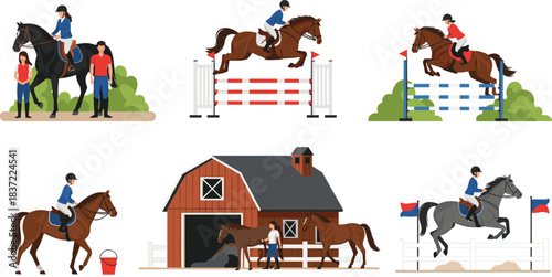 Vector Collection of Six Horse Riding and Equestrian Scenes, Including Show Jumping, Barn, Rider with Horse, and Stable Staff, Ideal for Sports, Hobby, and Farm Design Concepts.