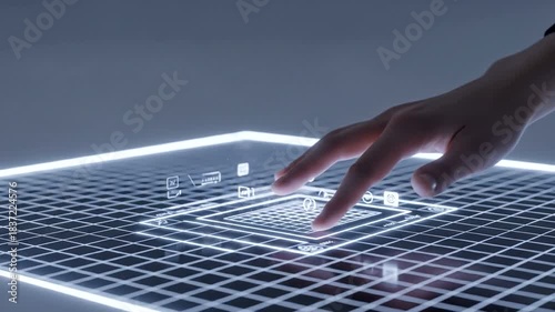 Futuristic hand interacting with digital interface technology concept design.
