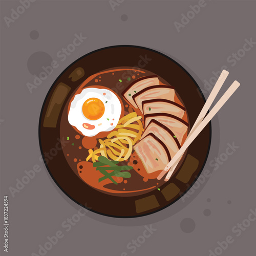 PrintTop view vector illustration of a bowl of Japanese ramen noodles topped with slices of chashu pork, a fried egg, and green beans, with chopsticks resting on the side.