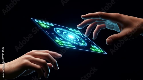 Futuristic Hands Interacting with Holographic Interface Technology Concept.