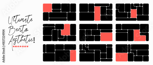 Ultimate bento grid layouts with black and red tiles. Minimal abstract UI panel templates for website headers, dashboards, collage frames and modern presentation covers.