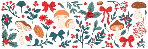 Hand-drawn winter botanical vector set with holly, pine branches, red berries, mistletoe and leaves. Flat modern Christmas clipart for holiday decoration and design.