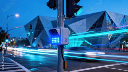 Futuristic City Theme: Smart traffic sensors glowing on intersection pole

