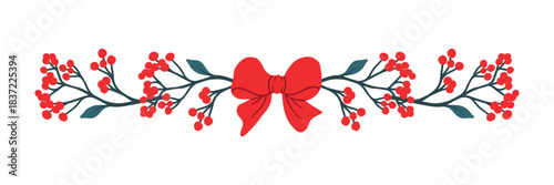 Christmas evergreen garland with berries vector line art, clipart illustration with isolated on white background.