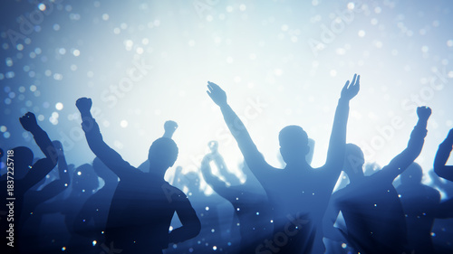 Silhouetted crowd enjoying a concert with arms raised in the air. 3D render