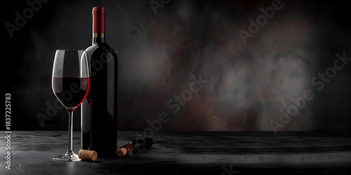A bottle of red wine and a glass, elegantly displayed against a dark background, perfect for conveying luxury and sophistication.