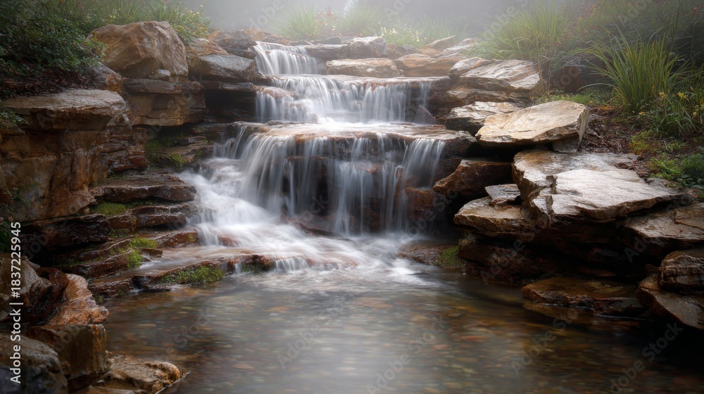 Fototapeta premium Serene Waterfall Cascading Over Rocks in a Misty Forest Landscape Surrounded by Lush Green Vegetation and Calm Reflective Water Surface