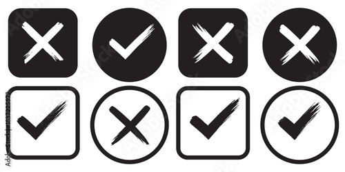 hand drawn tick and cross icons set, green checkmarks and red x symbols, vector doodle checklist icons, green approve and red reject marks, brush stroke check and x mark icons, approval and denial
