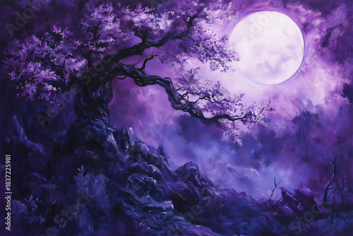 moon and tree, all purple