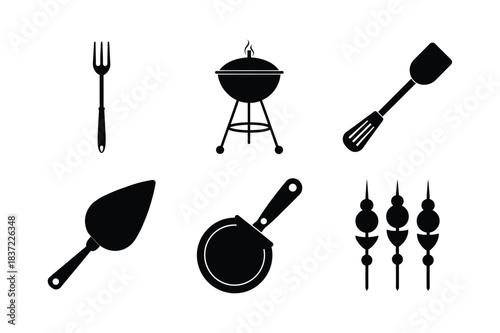 Pizza and Grill Tools vector silhouette set