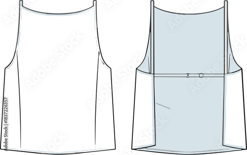Front and back flat sketch of a white sleeveless top with a light blue panel fashion clothing