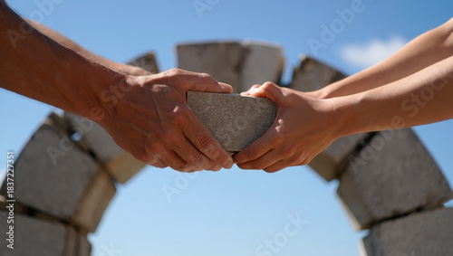 Two people cooperating as holding a capstone against a bright blue sky. Male and female teamwork and partnership in a shared effort