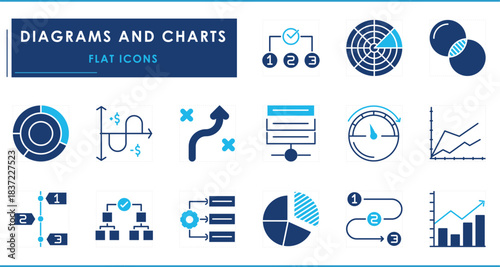 A set of flat icons related to various charts and diagrams used in statistics. Rank, rose diagram, histogram, timeline, pie chart, Vein diagram, and so on.