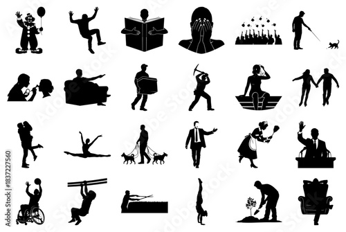 Collage of Silhouettes Showing People in Diverse Activities Keywords: silhouette, person, man
