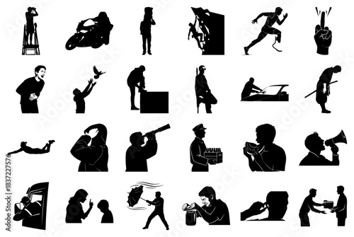 Collection of Silhouetted Human Activities and Professions Keywords: silhouette, man, woman