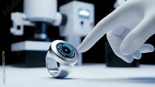 Futuristic Ring Technology Interacting with a Human Finger in Laboratory.
