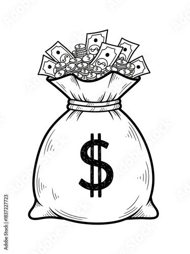 A black and white line art illustration of a money bag overflowing with dollar bills and coins, featuring a prominent dollar sign on its front.