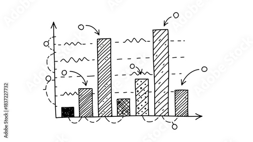 Hand-drawn sketch of a bar chart with various patterns, wavy lines, and dashed arrows indicating data analysis or trends.