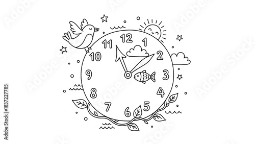 Line art illustration of a clock with a bird, fish, sun, and stars, suitable for coloring.