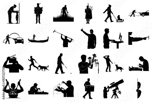 Diverse Silhouettes of People Engaged in Various Activities Keywords: silhouette, person, man