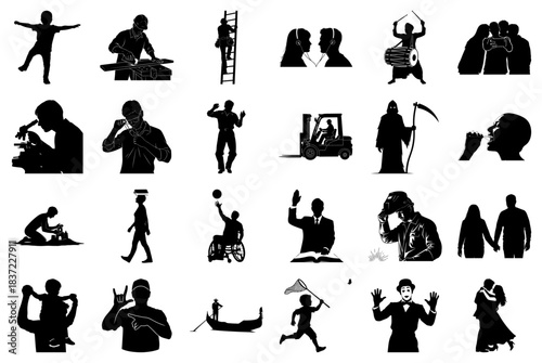 Grid of Silhouettes Depicting Children, Adults, and Symbolic Figures Keywords: silhouette