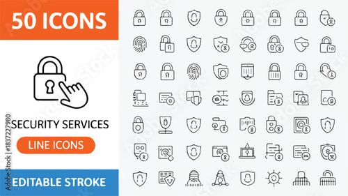 Collection of 50 security related line icons in a grid