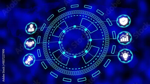 Digital Network Hub with Global Map and Business Icons in Neon Blue technology