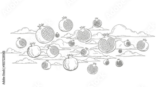 Whimsical pomegranates floating among stylized clouds - line art illustration