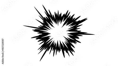Black abstract starburst explosion graphic element on white background, dynamic burst shape