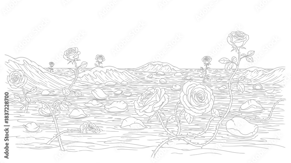 Fototapeta premium Line art drawing of roses blooming in wavy water with petals floating, serene scene