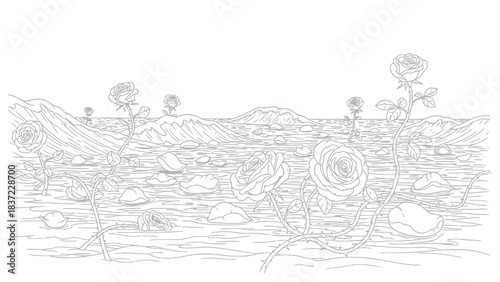 Line art drawing of roses blooming in wavy water with petals floating, serene scene