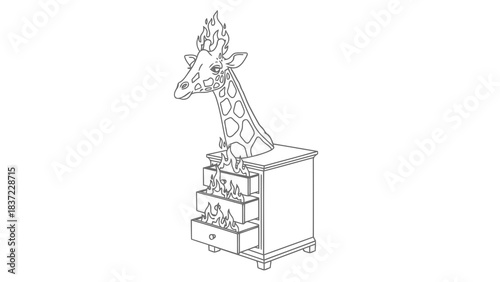 Giraffe head emerging from burning dresser with flames on head and drawers