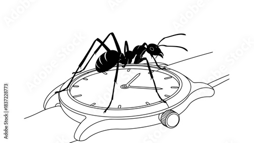 Black ant crawling on a wristwatch, symbolizing time management, urgency, and precision.