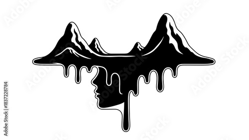 Melting mountains silhouette reveals human face, abstract concept on white background