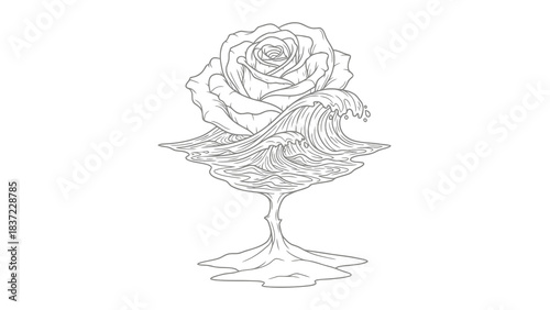 Elegant line art drawing of a rose emerging from a stylized water wave and base