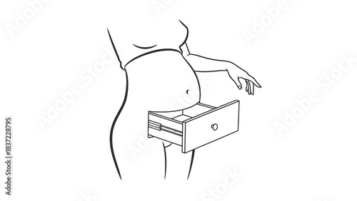 Pregnant abdomen transforms into an open drawer, symbolizing storage of baby or secrets.
