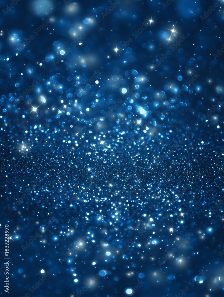 Fototapeta premium Bright blue lights fill the space with sparkles and shine creating a magical effect on a dark background