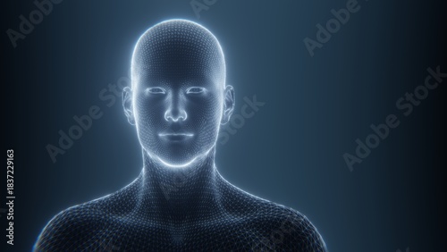 Digital human head and shoulders with a glowing wireframe effect. 3D render