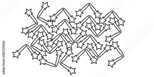 Stylized black outline stars connected by zigzag lines forming a dynamic graphic pattern with repetitive trails.