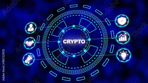 Crypto Network Concept with World Map and Financial Icons in Neon Blue cryptocurrency blockchain