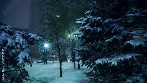 Fabulous view of the snow-covered city park at night, with trees in the snow, cozy warm light of lanterns.
