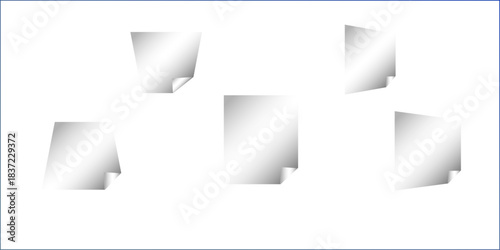 Square white sticky note paper pack, cut out. Empty oblong sticky label mockup with curl. Clear adherent tag template for glass door or wall. Random shifted white cube boxes block background . vector.