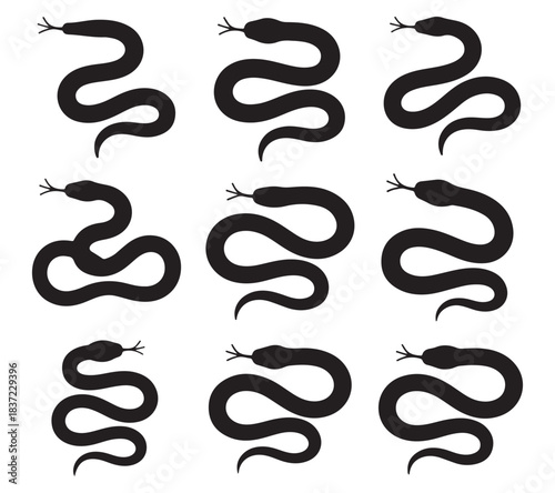  Collection of nine black snake silhouettes in various coiled and winding poses silhouette